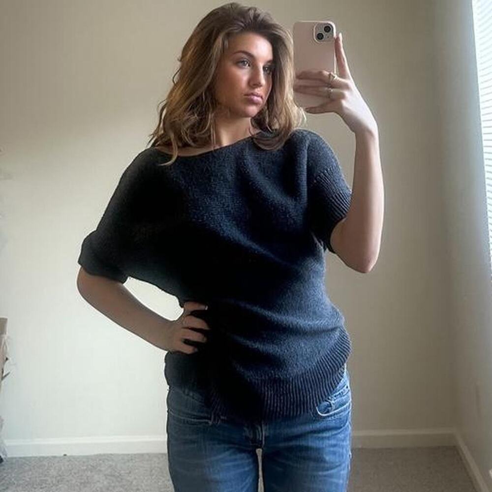 Vintage neutral grey WOOL knit short sleeve cinched waist boatneck sweater